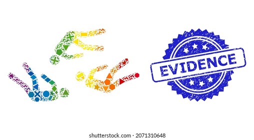 Spectrum vibrant vector dead people collage for LGBT, and Evidence grunge rosette seal imitation. Blue seal contains Evidence text inside rosette.