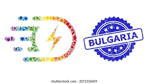 Spectrum vibrant vector electric voltage mosaic for LGBT, and Bulgaria corroded rosette seal imitation. Blue stamp has Bulgaria tag inside rosette.