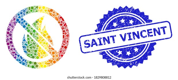 Spectrum vibrant vector forbidden fire mosaic for LGBT, and Saint Vincent scratched rosette stamp. Blue stamp has Saint Vincent tag inside rosette.