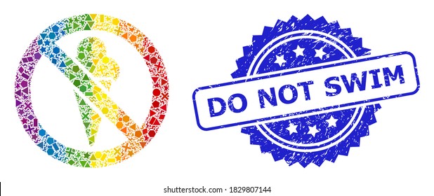Spectrum vibrant vector forbidden ice-cream mosaic for LGBT, and Do Not Swim scratched rosette stamp. Blue stamp includes Do Not Swim text inside rosette.