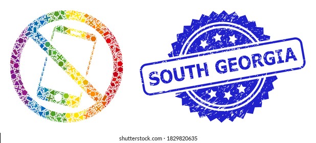 Spectrum vibrant vector forbidden smartphone collage for LGBT, and South Georgia dirty rosette stamp seal. Blue seal contains South Georgia title inside rosette.