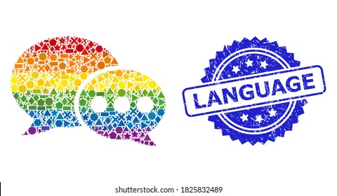 Spectrum vibrant vector forum messages collage for LGBT, and Language unclean rosette seal. Blue seal contains Language tag inside rosette.