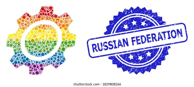 Spectrum vibrant vector gear mosaic for LGBT, and Russian Federation scratched rosette seal imitation. Blue seal contains Russian Federation title inside rosette.