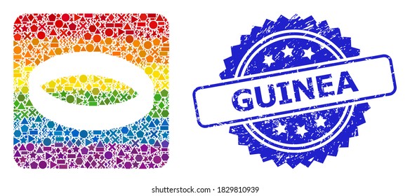 Spectrum vibrant vector gold ring mosaic for LGBT, and Guinea textured rosette stamp seal. Blue stamp seal contains Guinea title inside rosette.