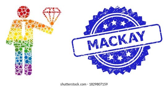 Spectrum vibrant vector groom diamond collage for LGBT, and Mackay unclean rosette stamp seal. Blue stamp includes Mackay title inside rosette.
