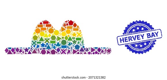 Spectrum vibrant vector hat collage for LGBT, and Hervey Bay dirty rosette stamp seal. Blue stamp seal has Hervey Bay title inside rosette.