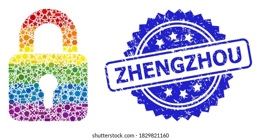 Spectrum vibrant vector lock collage for LGBT, and Zhengzhou dirty rosette seal print. Blue seal includes Zhengzhou title inside rosette.