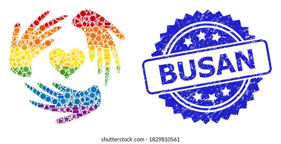 Spectrum vibrant vector lovely craft hands mosaic for LGBT, and Busan scratched rosette seal imitation. Blue seal contains Busan caption inside rosette.