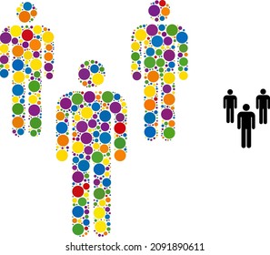 Spectrum vibrant vector men random dotted mosaic for LGBT, and an original icon. Circle random items are grouped into abstract mosaic men icon.