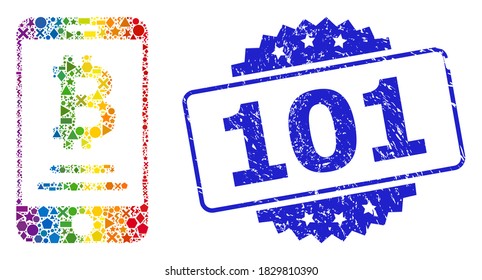 Spectrum vibrant vector mobile bitcoin account collage for LGBT, and 101 scratched rosette seal. Blue seal has 101 text inside rosette.