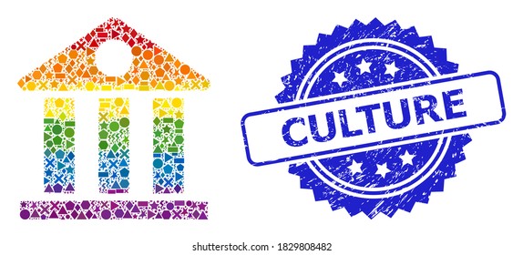 Spectrum vibrant vector museum collage for LGBT, and Culture corroded rosette seal imitation. Blue stamp seal includes Culture title inside rosette.
