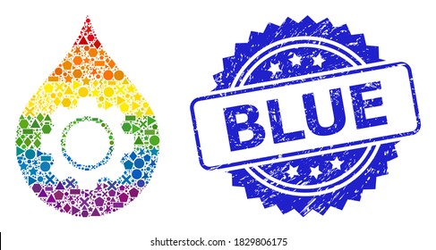 Spectrum vibrant vector oil industry gear collage for LGBT, and Blue corroded rosette seal imitation. Blue seal includes Blue tag inside rosette.