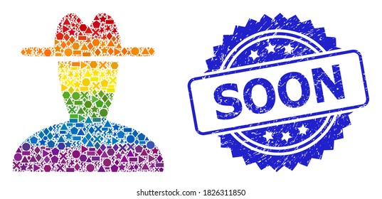 Spectrum vibrant vector peasant persona mosaic for LGBT, and Soon scratched rosette stamp seal. Blue stamp seal contains Soon title inside rosette.