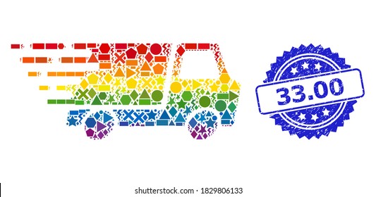 Spectrum vibrant vector quick delivery collage for LGBT, and 33.00 dirty rosette seal. Blue seal has 33.00 text inside rosette. svg