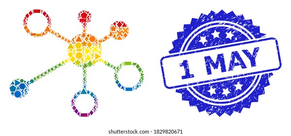 Spectrum vibrant vector relations mosaic for LGBT, and 1 May scratched rosette stamp seal. Blue stamp has 1 May text inside rosette.