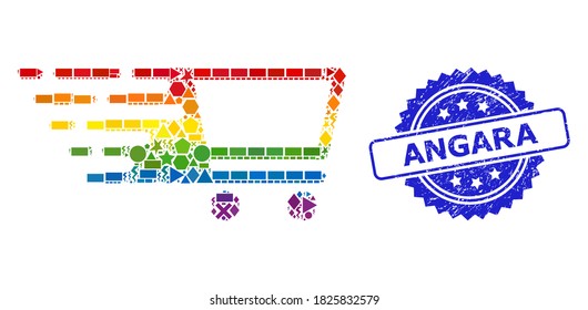 Spectrum vibrant vector shopping cart mosaic for LGBT, and Angara corroded rosette seal imitation. Blue seal includes Angara tag inside rosette.