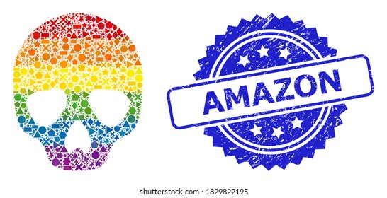Spectrum vibrant vector skull collage for LGBT, and Amazon textured rosette seal imitation. Blue stamp seal contains Amazon tag inside rosette.