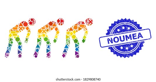 Spectrum vibrant vector slave people collage for LGBT, and Noumea scratched rosette seal print. Blue seal has Noumea caption inside rosette.