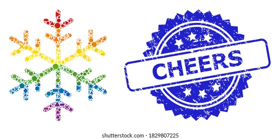 Collage de copos de nieve con vector vibrante de espectro para LGBT, y sello de sello de rosette sucio de Cheers. El sello azul contiene la etiqueta Cheers dentro de la rosette.