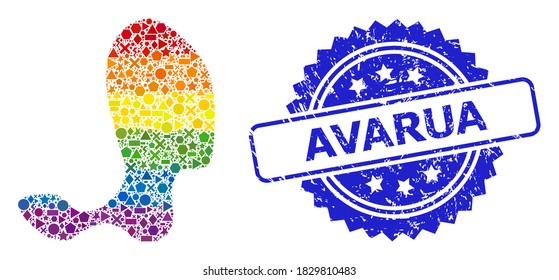 Spectrum vibrant vector spot mosaic for LGBT, and Avarua rubber rosette stamp seal. Blue stamp seal includes Avarua text inside rosette.