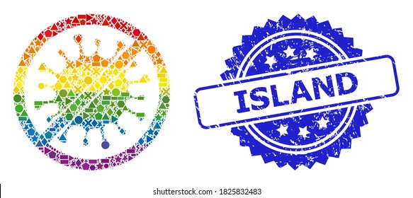 Spectrum vibrant vector stop microbe collage for LGBT, and Island corroded rosette seal imitation. Blue stamp seal contains Island title inside rosette.