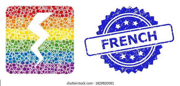 Spectrum vibrant vector thunder crack mosaic for LGBT, and French corroded rosette stamp seal. Blue stamp seal contains French caption inside rosette.