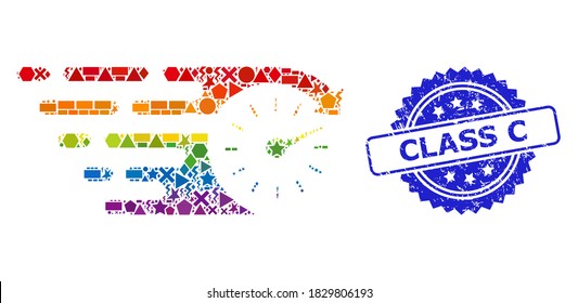 Spectrum-dynamisches Vektorzeitmosaik für LGBT, und Klasse C gekratzte Rosette-Stempelsiegel. Die blaue Stempelversiegelung enthält den Titel der Klasse C innerhalb der Rosette.