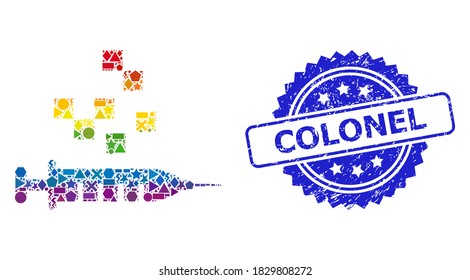 Spectrum vibrant vector vaccine synthesis collage for LGBT, and Colonel dirty rosette stamp seal. Blue seal contains Colonel title inside rosette.