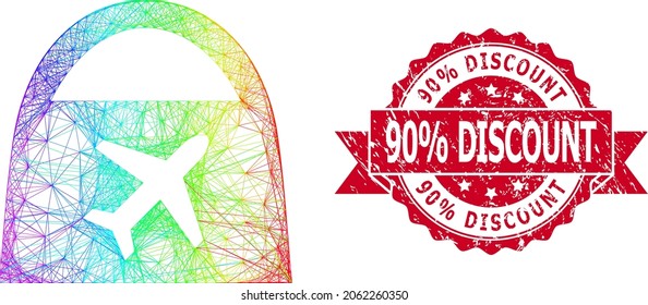 Spectrum vibrant wire frame airport shopping, and 90 percent Discount grunge ribbon stamp seal. Red stamp seal includes 90 percent Discount tag inside ribbon.
