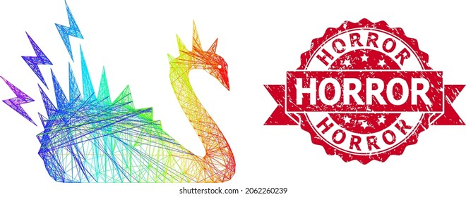 Spectrum vibrant wire frame black danger swan, and Horror scratched ribbon stamp seal. Red stamp seal contains Horror title inside ribbon.Geometric wire frame 2D net based on black danger swan icon,