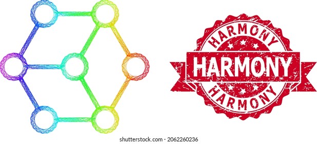 Espectro vibrante de los nodos de la cadena de bloqueo del marco de alambre y timbre de la cinta de borrón Harmony. El sello rojo incluye la etiqueta Harmony dentro de la cinta.Red geométrica del marco de alambre 2D basada en el icono de los nodos de la cadena de bloqueo,