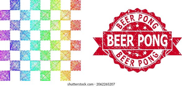 Spectrum vibrant wire frame chess board, and Beer Pong rubber ribbon stamp seal. Red seal includes Beer Pong title inside ribbon.Geometric wire frame flat network based on chess board icon,