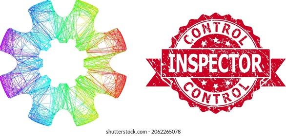 Spectrum vibrant wire frame cog gear, and Control Inspector unclean ribbon stamp seal. Red stamp seal has Control Inspector caption inside ribbon.