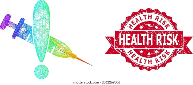 Spectrum-Lebenddrahtrahmen-Gefahrenimpfung und gesundheitsgefährdendes Bandsiegel-Imitat. Rotes Siegel enthält Health Risk-Tag in Ribbon.Geometrisches Kabelnetz 2D net auf der Grundlage des Gefahrstoff-Symbols;
