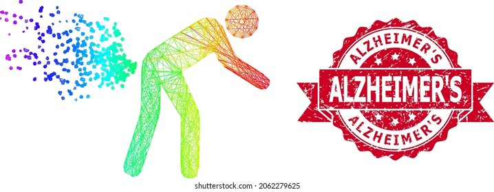 Spectrum vibrant wire frame farting person, and Alzheimer S grunge ribbon stamp. Red stamp includes Alzheimer S caption inside ribbon.Geometric wire frame 2D net based on farting person icon,