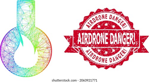 Spectrum vibrant wire frame flammable flask, and Airdrone Danger Exclamation textured ribbon seal imitation. Red stamp seal contains Airdrone Danger Exclamation title inside ribbon.