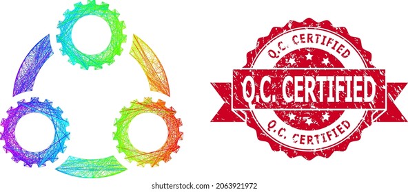 Spectrum vibrant wire frame gear planetary transmission, and Q.C. Certified scratched ribbon stamp seal. Red stamp seal includes Q.C. Certified caption inside ribbon.