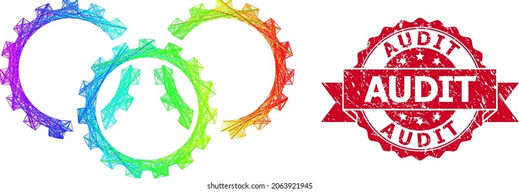 Espectro de engranajes del bastidor del alambre vibrante y auditoría de la imitación del sello de la cinta impura. El precinto rojo contiene texto de auditoría dentro de la cinta.Red geométrica del marco de alambre 2D basada en el icono de los engranajes, generada a partir de líneas de cruce,