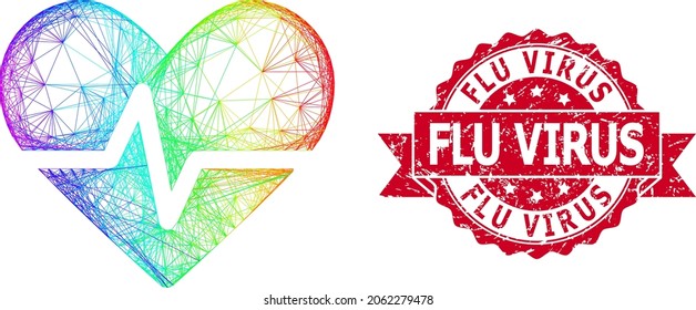 Spectrum vibrant wire frame heart pulse, and Flu Virus textured ribbon seal print. Red seal has Flu Virus caption inside ribbon.Geometric wire frame flat net based on heart pulse icon,