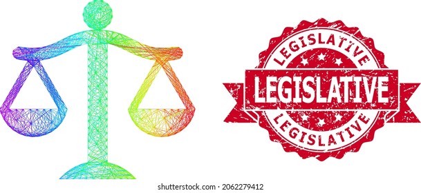 Marco de alambre vibrante de espectro JUDGE y sello de cinta impuro legislativo. El sello rojo incluye la etiqueta legislativa dentro de la cinta. Red plana de marco con tramas geométricas basada en el icono JUDGE,
