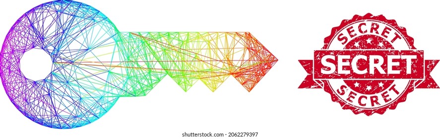 Spectrum vibrant wire frame key, and Secret scratched ribbon seal. Red stamp seal contains Secret text inside ribbon.Geometric hatched frame 2D net based on key icon, generated from crossing lines,