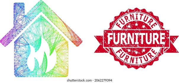 Spectrum vibrant wire frame kitchen building, and Furniture unclean ribbon seal print. Red seal includes Furniture tag inside ribbon.Geometric hatched frame flat net based on kitchen building icon,