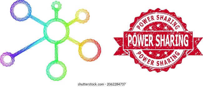 Nódulos de enlace del marco de alambre vibrante del espectro y sello de marca de cinta texturada Power Sharing. El sello rojo tiene el texto de Power Sharing dentro de la cinta.Red plana del marco de alambre geométrico basada en el icono de los nodos de enlace,