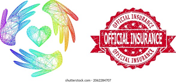 Spectrum vibrant wire frame lovely craft hands, and Official Insurance textured ribbon stamp seal. Red stamp seal includes Official Insurance tag inside ribbon.