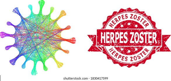 Spectrum Vibrant Wire Frame Microbe, And Herpes Zoster Scratched Ribbon Seal. Red Seal Includes Herpes Zoster Title Inside Ribbon.Geometric Wire Frame Flat Network Based On Microbe Icon,