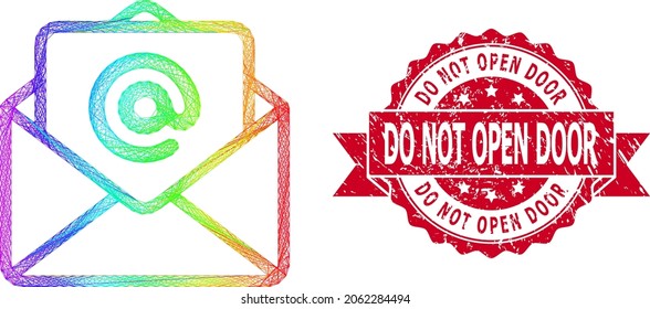 Spectrum vibrant wire frame open e-mail, and Do Not Open Door scratched ribbon seal print. Red seal contains Do Not Open Door caption inside ribbon.