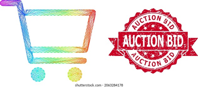 Spectrum Vibrant Wire Frame Shopping Cart, And Auction Bid Textured Ribbon Seal Imitation. Red Stamp Seal Includes Auction Bid Caption Inside Ribbon.