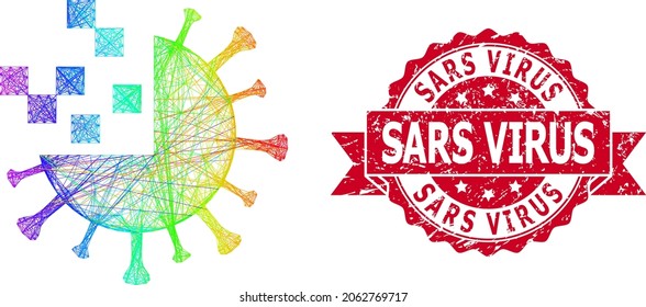 Spectrum vibrant wire frame synthetic virus, and Sars Virus corroded ribbon seal print. Red seal includes Sars Virus tag inside ribbon.
