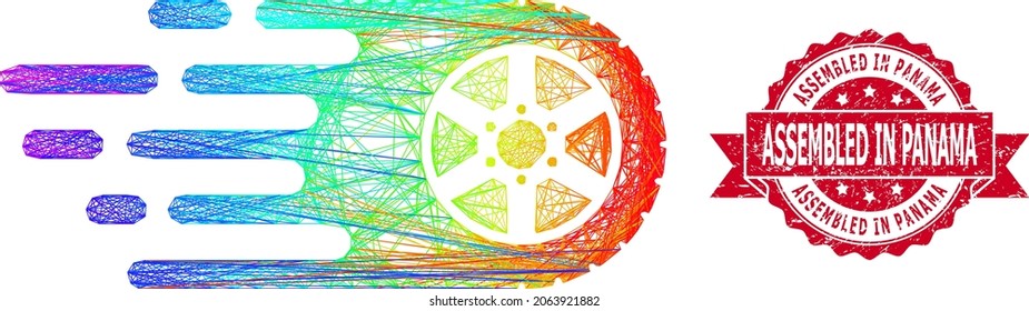 Spektrum-dynamisches Drahtreifen Reifen Rad und Montage in Panama schmutzigen Bandstempel. Der rote Stempel enthält in Panama-Titel in Ribbon.Geometrisches lineares 2D-Netz auf der Grundlage des Radsymbol,