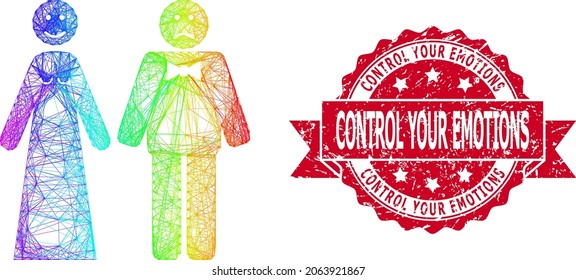 Spectrum vibrant wire frame wedding emotions, and Control Your Emotions dirty ribbon stamp. Red stamp seal contains Control Your Emotions tag inside ribbon.
